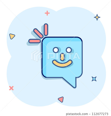 Happy sms icon in comic style. Message speech bubble cartoon vector illustration on white isolated background. Envelope splash effect business concept. 112077273
