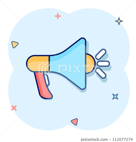 Megaphone speaker icon in comic style. Bullhorn sign cartoon vector illustration on white isolated background. Scream announcement splash effect business concept. Megaphone speaker icon in comic style. Bullhorn sign cartoon vector illustration on white isolated background. Scream announcement splash effect business concept. 112077274