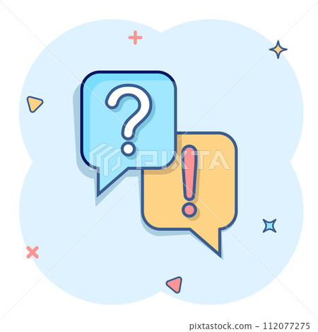 Question and answer icon in comic style. Dialog speech bubble cartoon vector illustration on white isolated background. Forum chat splash effect business concept. Question and answer icon in comic style. Dialog speech bubble cartoon vector illustration on white isolated background. Forum chat splash effect business concept. 112077275