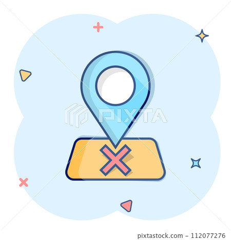 Map pin icon in comic style. GPS navigation cartoon vector illustration on white isolated background. Locate position splash effect business concept. Map pin icon in comic style. GPS navigation cartoon vector illustration on white isolated background. Locate position splash effect business concept. 112077276