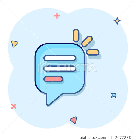 Speak chat sign icon in comic style. Speech bubbles cartoon vector illustration on white isolated background. Team discussion button splash effect business concept. 112077278