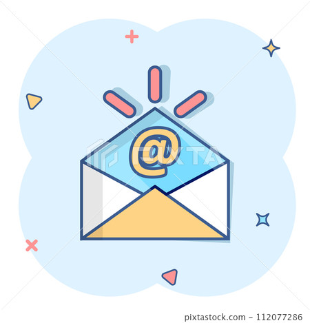 Email message icon in comic style. Mail document cartoon vector illustration on white isolated background. Message correspondence splash effect business concept. Email message icon in comic style. Mail document cartoon vector illustration on white isolated background. Message correspondence splash effect business concept. 112077286
