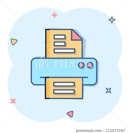 Office printer icon in comic style. Fax cartoon vector illustration on white isolated background. Text printout splash effect business concept. Office printer icon in comic style. Fax cartoon vector illustration on white isolated background. Text printout splash effect business concept. 112077287