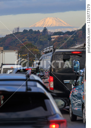 Stunning beautiful Mt. Fuji seen from the highway. At Seisho Bypass, Kanagawa Prefecture, Japan. Photographed on November 23, 2023 112077379