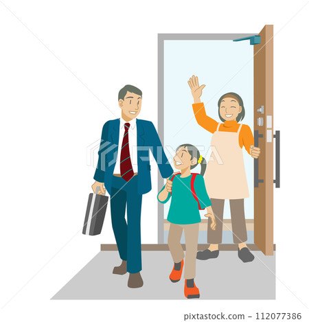 早上出門時母親送行的父親和女兒的插圖 早上出門時母親送行的父親和女兒的插圖 112077386