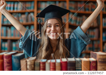 Happy female grad raised her arms in classroom with books. Happy female grad raised her arms in classroom with books. 112077457