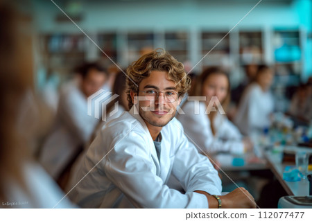 Portrait of a young researcher in a white coat at a science lesson. 112077477