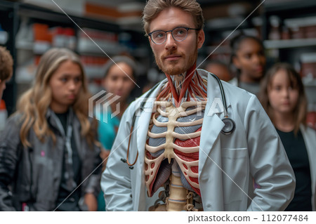 Teacher with anatomy model and students in class. 112077484