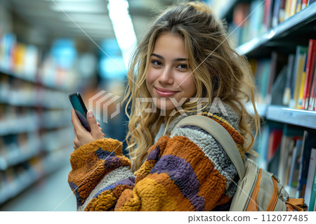 Smiling Latin female student talking on mobile 112077485