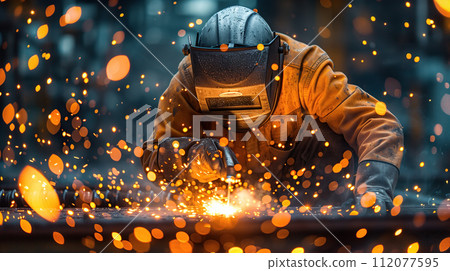 A skilled welder is creating a fusion of metal, shaping it with precision and expertise. The essence of craftsmanship in the industrial world. Generative AI. 112077595