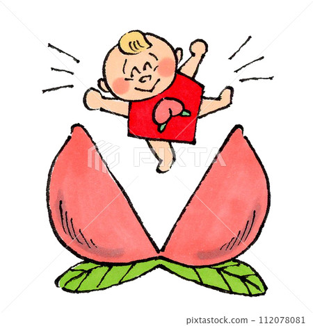 桃太郎的嬰兒從桃子中誕生,手繪插圖 桃太郎的嬰兒從桃子中誕生,手繪插圖 112078081