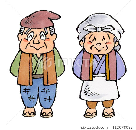 Hand-drawn illustrations of grandfathers and grandmothers who appear in folk tales such as Momotaro Hand-drawn illustrations of grandfathers and grandmothers who appear in folk tales such as Momotaro 112078082