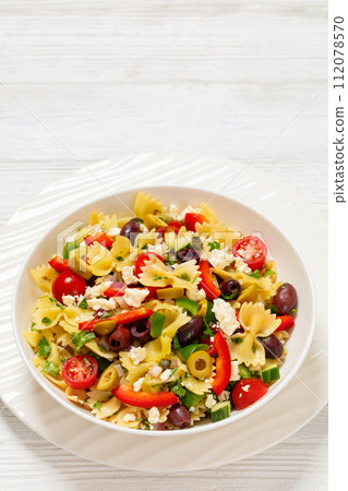 Farfalle salad, Bow Tie Pasta salad, top view Farfalle salad, Bow Tie Pasta salad, top view 112078570