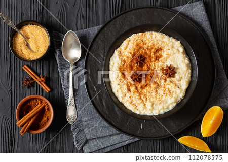 rizogalo, creamy greek rice pudding in a bowl rizogalo, creamy greek rice pudding in a bowl 112078575