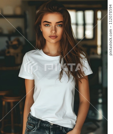 Women's White Short Sleeve Round Neck T-Shirt Mockup It is a useful tool for clothing designers to help visualize T-shirts before actual production Save time and money and makes it easier to decide. Women's White Short Sleeve Round Neck T-Shirt Mockup It is a useful tool for clothing designers to help visualize T-shirts before actual production Save time and money and makes it easier to decide. 112078594