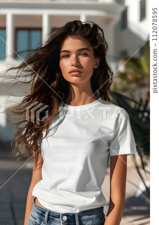 Women's White Short Sleeve Round Neck T-Shirt Mockup It is a useful tool for clothing designers to help visualize T-shirts before actual production Save time and money and makes it easier to decide. Women's White Short Sleeve Round Neck T-Shirt Mockup It is a useful tool for clothing designers to help visualize T-shirts before actual production Save time and money and makes it easier to decide. 112078595