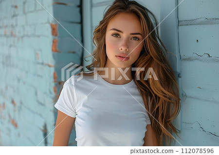 Women's White Short Sleeve Round Neck T-Shirt Mockup It is a useful tool for clothing designers to help visualize T-shirts before actual production Save time and money and makes it easier to decide. 112078596