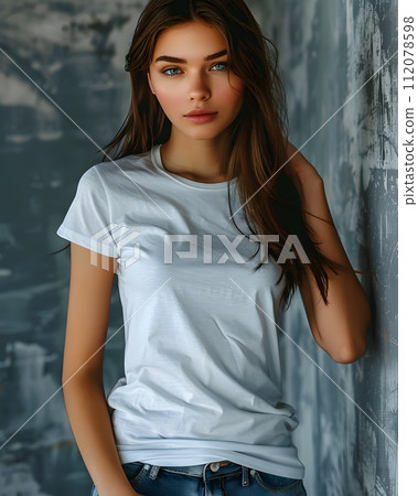 Women's White Short Sleeve Round Neck T-Shirt Mockup It is a useful tool for clothing designers to help visualize T-shirts before actual production Save time and money and makes it easier to decide. Women's White Short Sleeve Round Neck T-Shirt Mockup It is a useful tool for clothing designers to help visualize T-shirts before actual production Save time and money and makes it easier to decide. 112078598