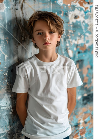 Boy's White Short Sleeve Round Neck T-Shirt Mockup It is a useful tool for clothing designers to help visualize T-shirts before actual production Save time and money and makes it easier to decide. Boy's White Short Sleeve Round Neck T-Shirt Mockup It is a useful tool for clothing designers to help visualize T-shirts before actual production Save time and money and makes it easier to decide. 112078793