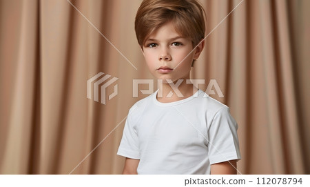 Boy's White Short Sleeve Round Neck T-Shirt Mockup It is a useful tool for clothing designers to help visualize T-shirts before actual production Save time and money and makes it easier to decide. 112078794