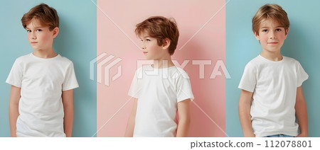 Boy's White Short Sleeve Round Neck T-Shirt Mockup It is a useful tool for clothing designers to help visualize T-shirts before actual production Save time and money and makes it easier to decide. Boy's White Short Sleeve Round Neck T-Shirt Mockup It is a useful tool for clothing designers to help visualize T-shirts before actual production Save time and money and makes it easier to decide. 112078801
