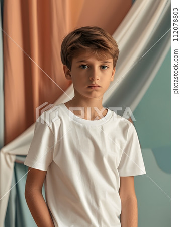 Boy's White Short Sleeve Round Neck T-Shirt Mockup It is a useful tool for clothing designers to help visualize T-shirts before actual production Save time and money and makes it easier to decide. Boy's White Short Sleeve Round Neck T-Shirt Mockup It is a useful tool for clothing designers to help visualize T-shirts before actual production Save time and money and makes it easier to decide. 112078803