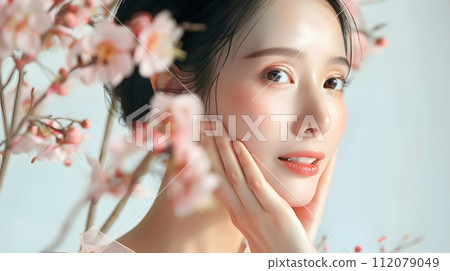 Illustration of a close-up photo of a beautiful young woman's face with good skin posing as a model selling skin care cosmetics. Can be used as an idea for models to pose for advertising shoots. 112079049