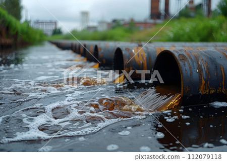 Wastewater pipes from industrial plants which is a large pipe made of metal. The wastewater flowing from the pipe is black and cloudy. Used to campaign to make people aware of environmental problems. Wastewater pipes from industrial plants which is a large pipe made of metal. The wastewater flowing from the pipe is black and cloudy. Used to campaign to make people aware of environmental problems. 112079118