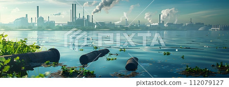 Wastewater pipes from industrial plants which is a large pipe made of metal. The wastewater flowing from the pipe is black and cloudy.  Used to campaign to make people aware of environmental problems. 112079127