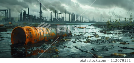 Wastewater pipes from industrial plants which is a large pipe made of metal. The wastewater flowing from the pipe is black and cloudy. Used to campaign to make people aware of environmental problems. Wastewater pipes from industrial plants which is a large pipe made of metal. The wastewater flowing from the pipe is black and cloudy. Used to campaign to make people aware of environmental problems. 112079131