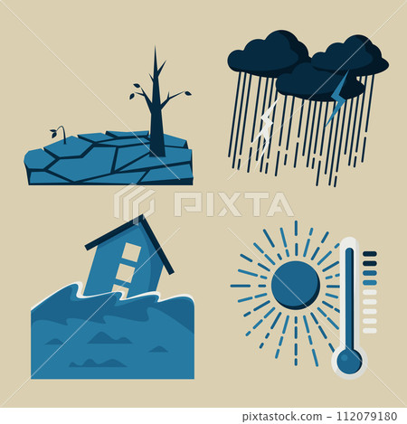 Abnormal weather illustration set. Drought, heavy rain, flood, intense heat. 112079180