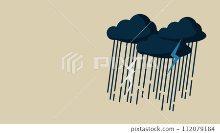 大雨的向量圖。雷聲和雨聲從雨雲中冒出來。 112079184