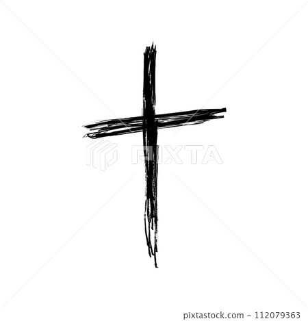 Grunge Christian Church cross. Hand drawn Catholic cross. Sketch black religious crucifix symbol. Vector illustration isolated on white background 112079363