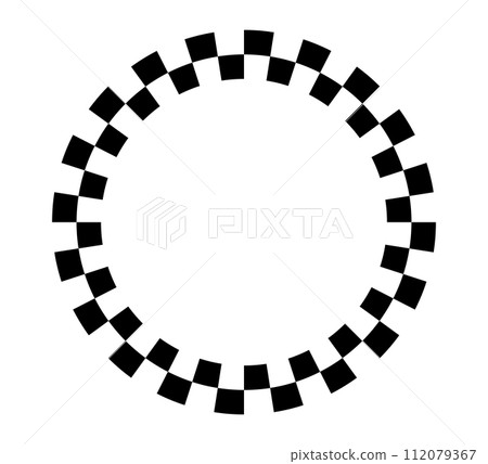 Checkered circle frame. Circle frame with checkerboard geometric pattern. Round chess border with black and white square pattern. Round race frame. Vector illustration on white background 112079367