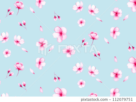 水彩小花卉圖案_背景素材_櫻花_綠色 112079751