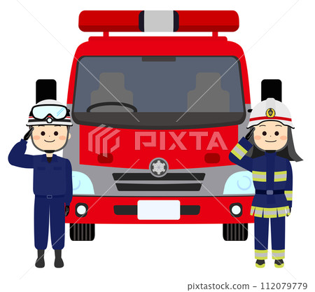Fire engines and firefighters saluting 112079779