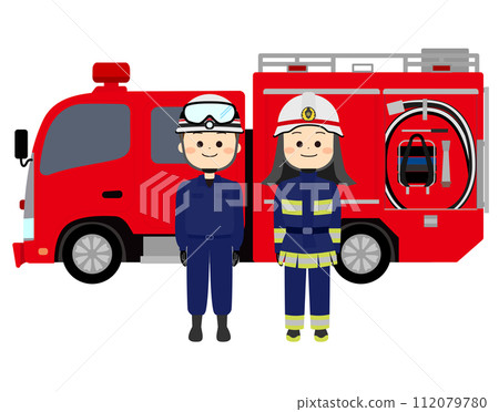 Fire engine and smiling firefighters 112079780