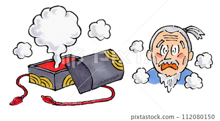 Hand-drawn illustration of Urashima Taro opening the treasure box and becoming an old man 112080150