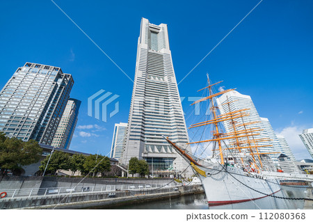 "Kanagawa Prefecture" Sailing ship Nippon Maru and Yokohama Landmark Tower in Minato Mirai "Kanagawa Prefecture" Sailing ship Nippon Maru and Yokohama Landmark Tower in Minato Mirai 112080368