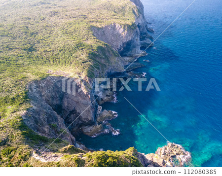 Aerial drone photography of Kamibiki Observation Deck, Kamibikiura, and Nakanoura Beach, where the blue sea and green forest are beautiful. Niijima, Izu Islands, Tokyo 112080385
