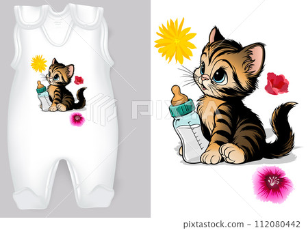 Baby Rompers with a Cartoon Motif of a Kitty 112080442