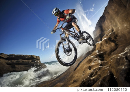 Man Riding Mountain Bike Over Rocky Cliff 112080550