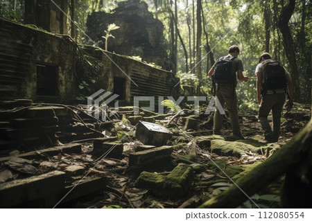 Two People Walking Through a Dense Forest Path Two People Walking Through a Dense Forest Path 112080554
