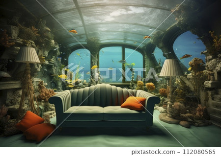 Couch in Room With Fish Tank Background 112080565