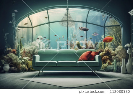 Submerged Couch Positioned in Front of an Underwater Window Submerged Couch Positioned in Front of an Underwater Window 112080580