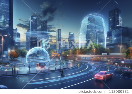 Night View of a Technologically Advanced City With Traffic and Pedestrians Night View of a Technologically Advanced City With Traffic and Pedestrians 112080581