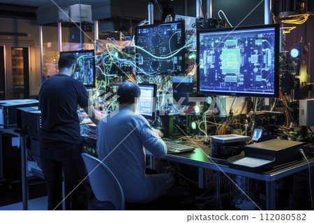 Two Men Sitting at a Computer Desk in a Modern Office Two Men Sitting at a Computer Desk in a Modern Office 112080582