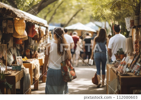 Woman Walking Next to Market on City Street Woman Walking Next to Market on City Street 112080603