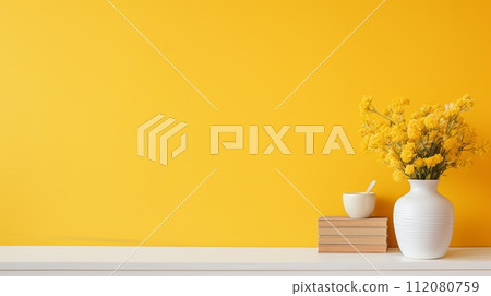 White Vase With Yellow Flowers on Shelf White Vase With Yellow Flowers on Shelf 112080759