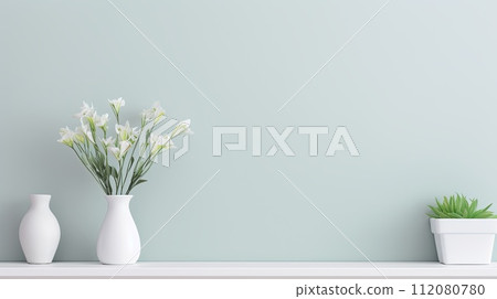 Three White Vases With Flowers on a Shelf Three White Vases With Flowers on a Shelf 112080780